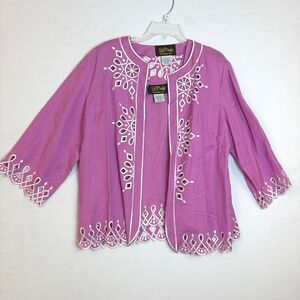 Bob Mackie Wearable Art Pink Linen Blend Embroidered Eyelet Jacket Tank Set L